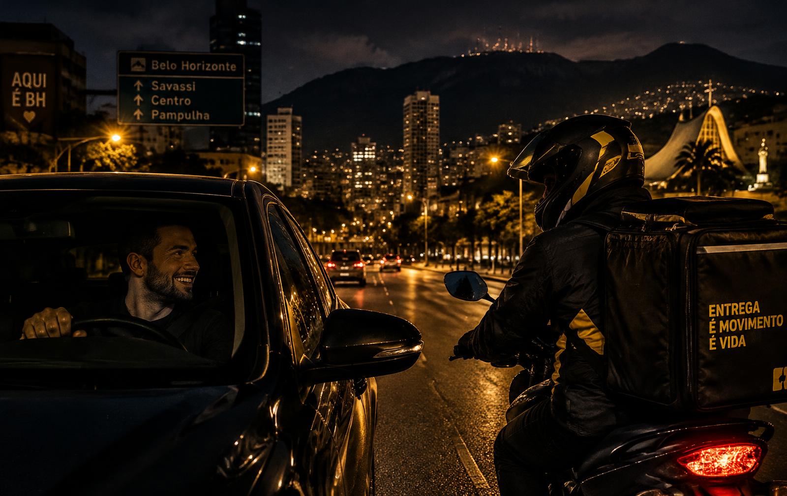 Motorista e motoboy nas ruas de Belo Horizonte à noite
